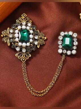 Anthropologie Gold-Tone Brooch Chain with Emerald and Pearl Accents